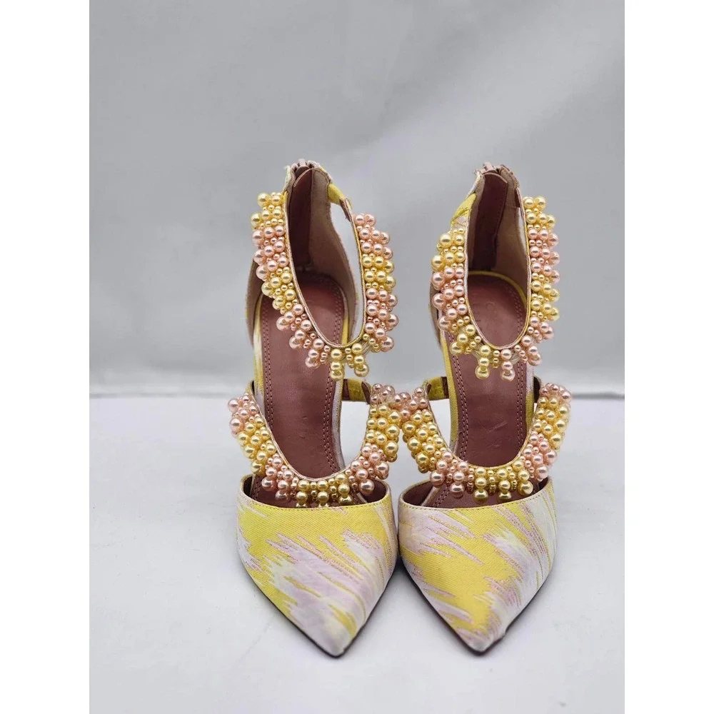 ASOS DESIGN Pumps Women Size 7 Yellow Pearl Embellished Ikat Heels
